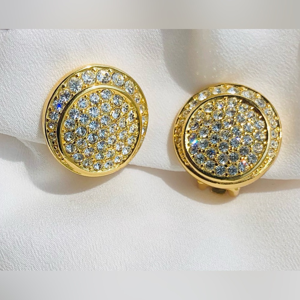 Vintage Christian Dior Crystal Gold Plated Round Clip On Earrings Signed